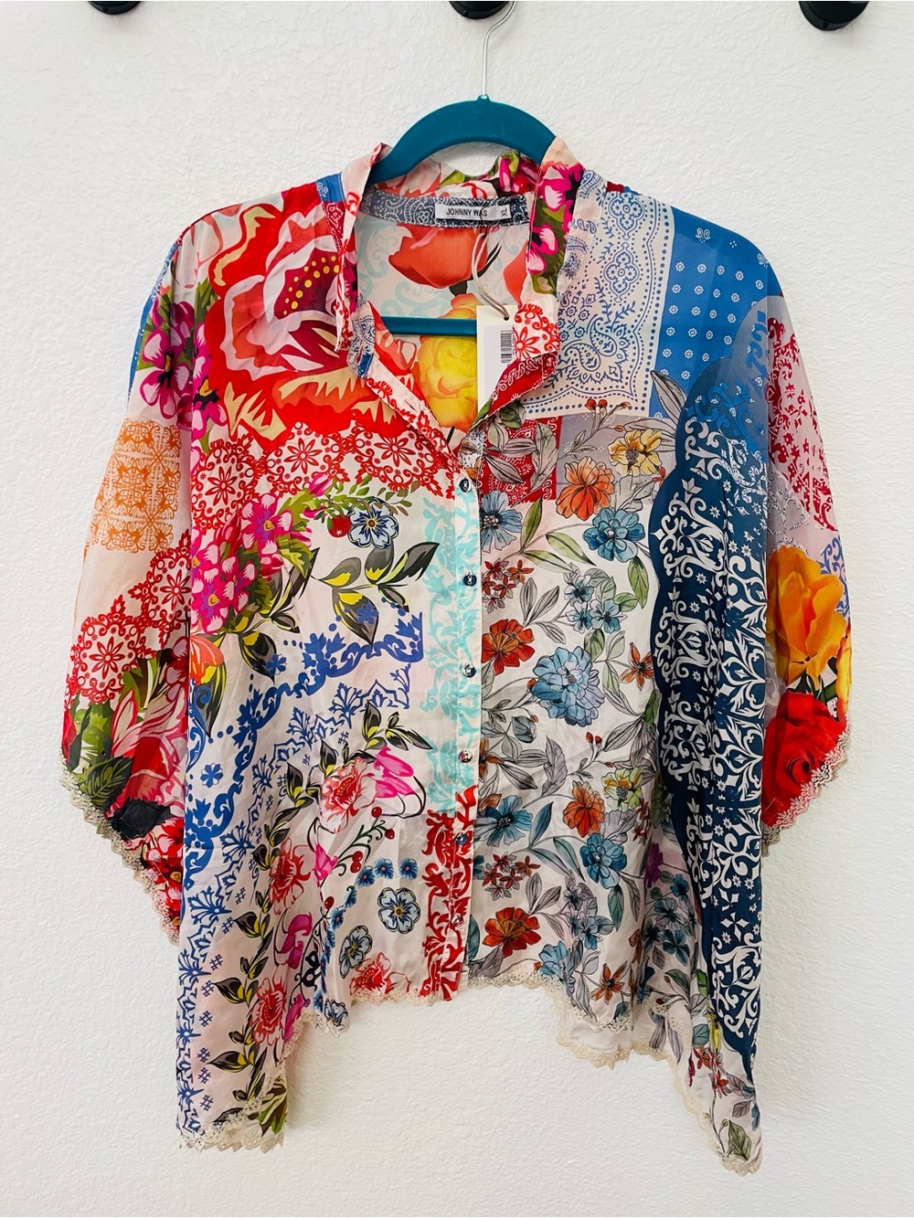 Johnny Was Multicolor Patchwork Floral Button-Down Shirt